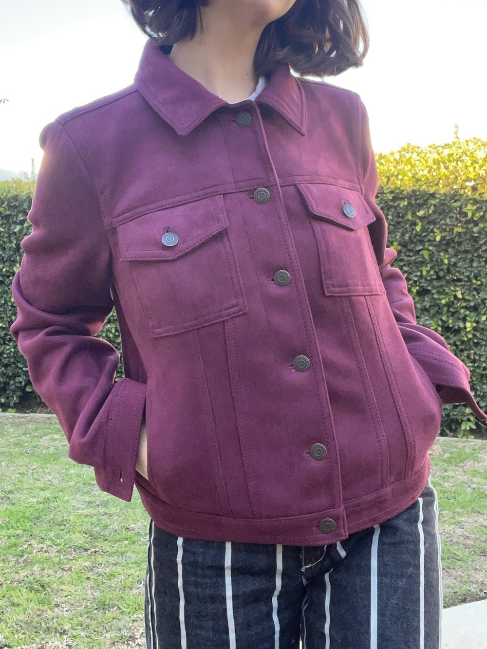 Loft Women's Plum Button-Up Jacket Faux Suede Lined Small Layering Purple